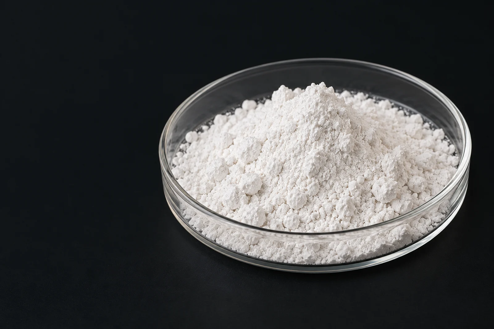 纳米氧化钙外观示意：玻璃样品皿中的白色粉体，AI 生成，非实拍